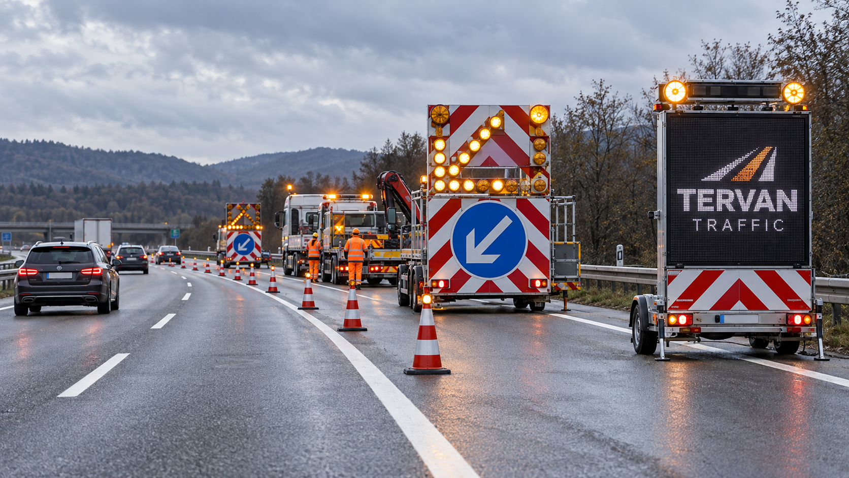 Platzhalter für mobile Lichtsignalanlage und temporäre Verkehrsführung an einer Arbeitsstelle